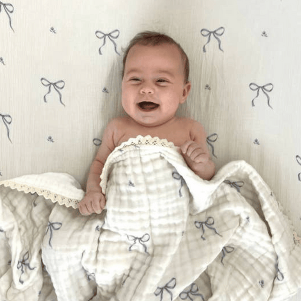 Dreamy Skies Baby - Periwinkle Bows Cotton Gauze Crib Sheet