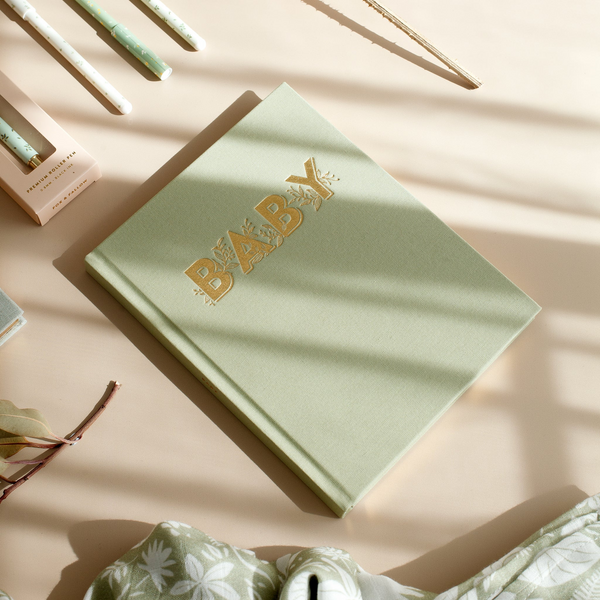 Fox & Fallow - Gold-Foil Linen Baby Book with Box - Pistachio