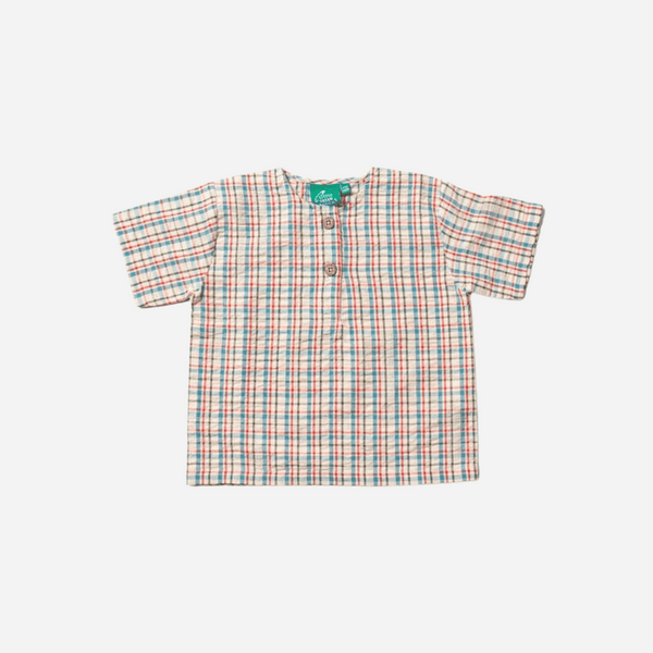 Little Green Radicals - Checked Seersucker Loose Short Sleeve Henley Top
