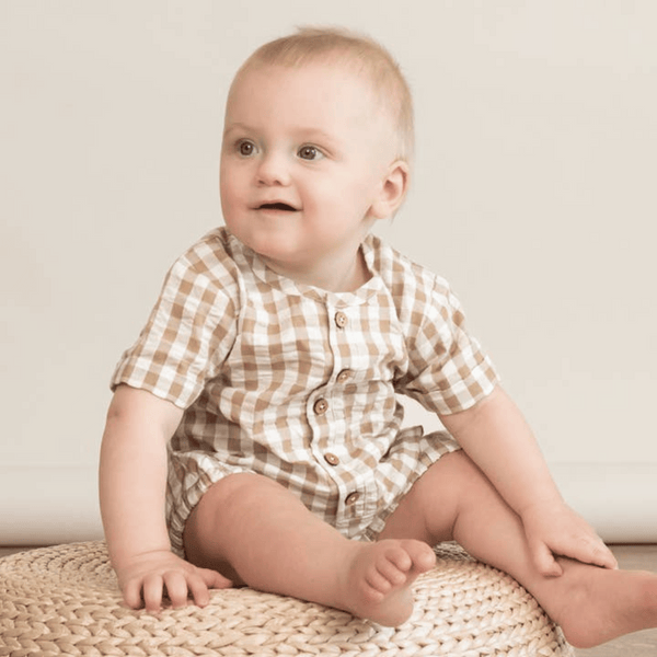Makemake Organics - Organic Short Bubble Romper - Brown Chequered