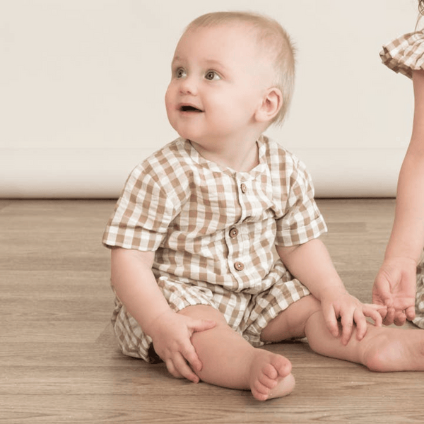 Makemake Organics - Organic Short Bubble Romper - Brown Chequered