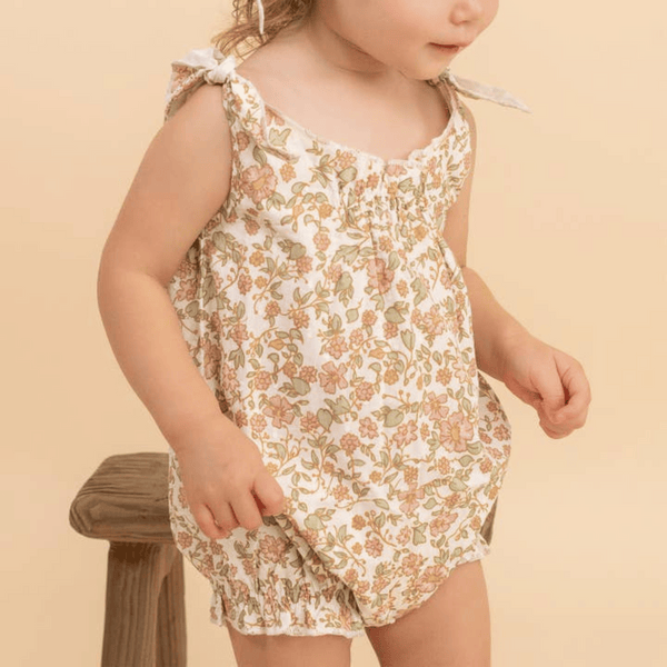 Makemake Organics - Organic Tie Shoulder Bubble Romper - Tuscan Bloom