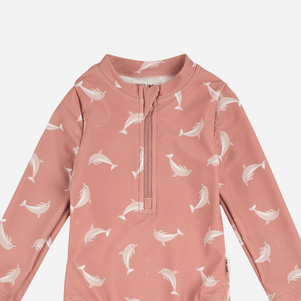 Petit Lem - Dolphin Print on Wild Rose Long-Sleeve One-Piece Swimsuit