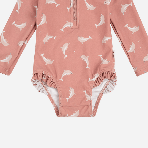 Petit Lem - Dolphin Print on Wild Rose Long-Sleeve One-Piece Swimsuit