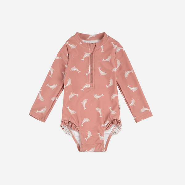Petit Lem - Dolphin Print on Wild Rose Long-Sleeve One-Piece Swimsuit