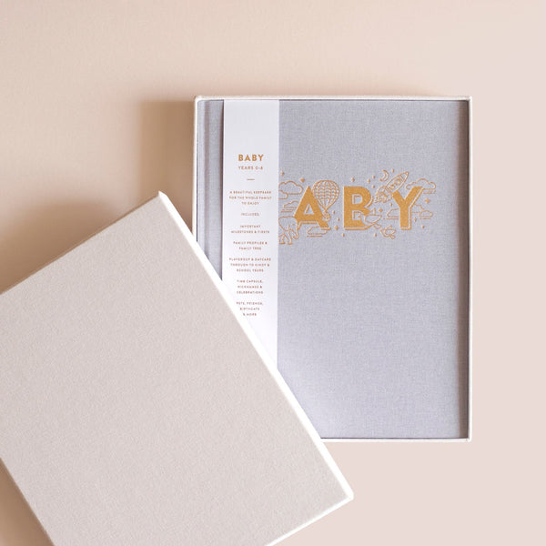 Fox & Fallow Gold-Foil Linen Baby Book with Box - Grey