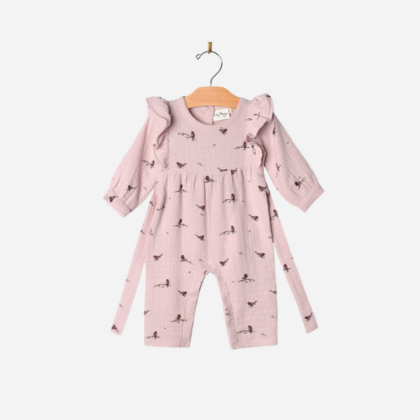 City Mouse - Flutter Sleeve Long Romper - Lavender Birds