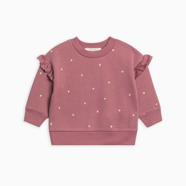 Colored Organics - Abbey Fleece Ruffle Sleeve Pullover Sweatshirt - Hearts / Raspberry