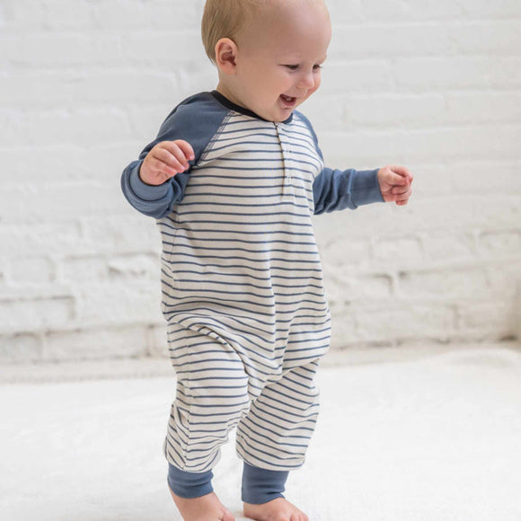 Colored Organics - Brix Henley Romper - Summit Stripe Denim
