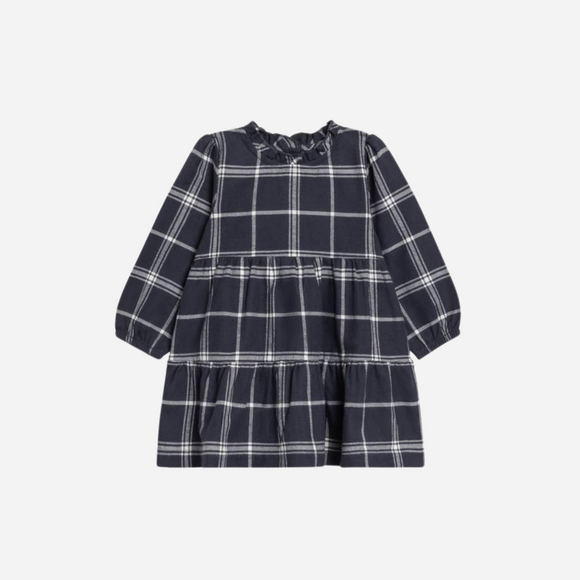 Colored Organics - Neela Flannel Ruffle Neckline Dress - Navy Plaid