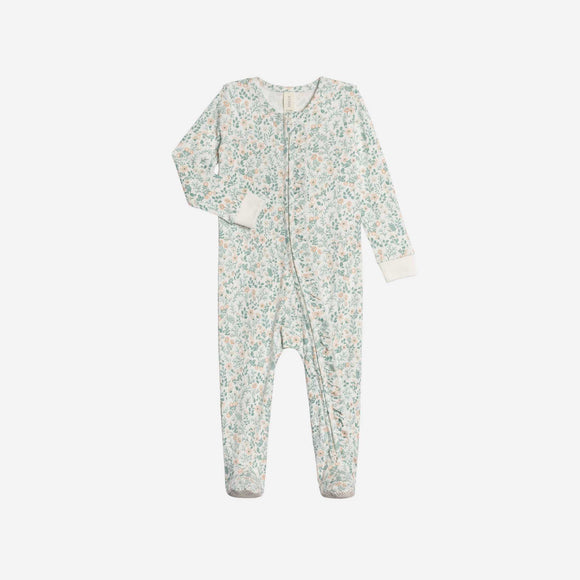 Colored Organics - Neve Ruffle Zipper Footed Romper - Merion Floral / Laguna + Shell