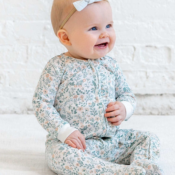 Colored Organics - Neve Ruffle Zipper Footed Romper - Merion Floral / Laguna + Shell