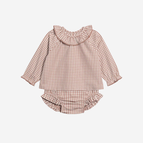 Colored Organics - Poplin Ruffle Collar Shirt & Bloomer Set - Mauve Gingham