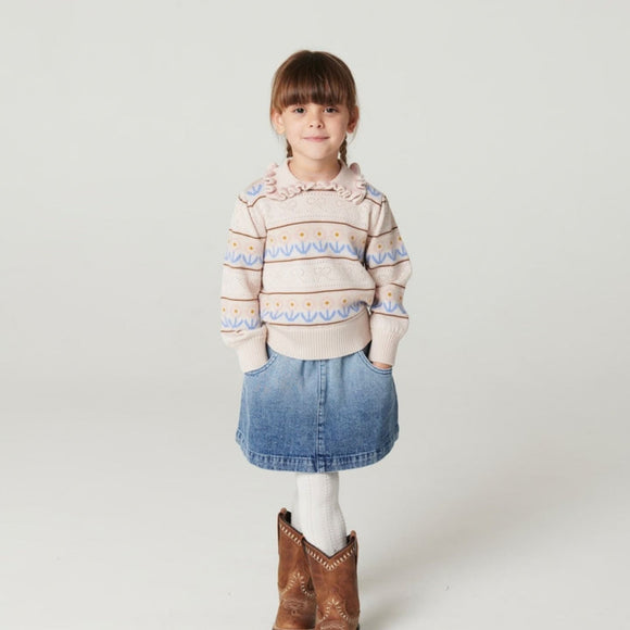 Copenhagen Colors - Knitted Collar Blouse with Pointelle & Pattern - Beige Comb