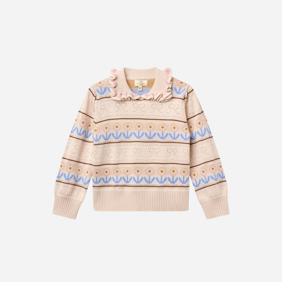Copenhagen Colors - Knitted Collar Blouse with Pointelle & Pattern - Beige Comb