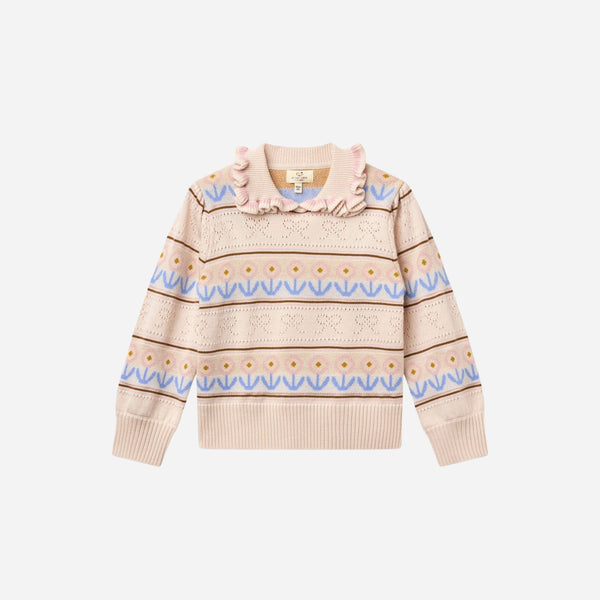 Copenhagen Colors - Knitted Collar Blouse with Pointelle & Pattern - Beige Comb