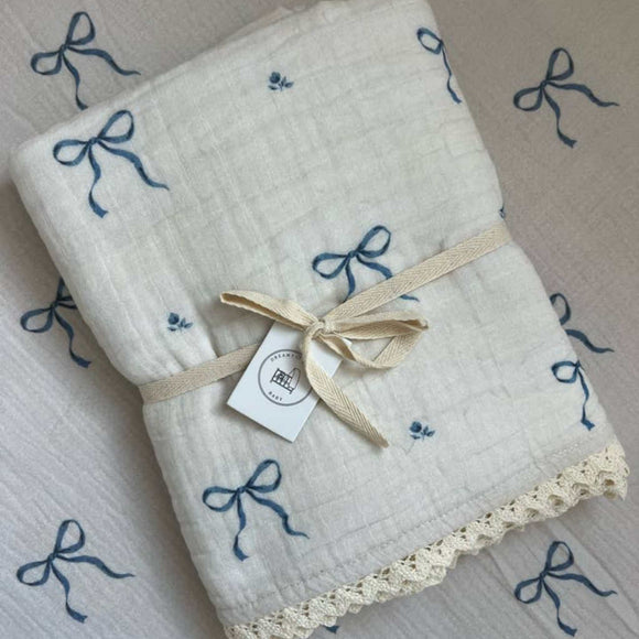 Dreamy Skies Baby - 6 Layer Gauze Blanket - Blue Bows