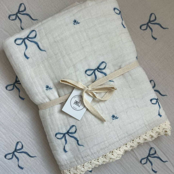Dreamy Skies Baby - 6 Layer Gauze Blanket - Blue Bows