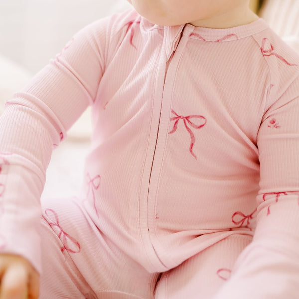 Dreamy Skies Baby - Ribbed Bamboo Convertible Romper in Pink Bows