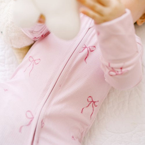 Dreamy Skies Baby - Ribbed Bamboo Convertible Romper in Pink Bows
