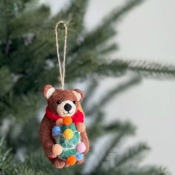 Deer Harbour Design -  Felt Brown Bear Holding Christmas Tree Ornament