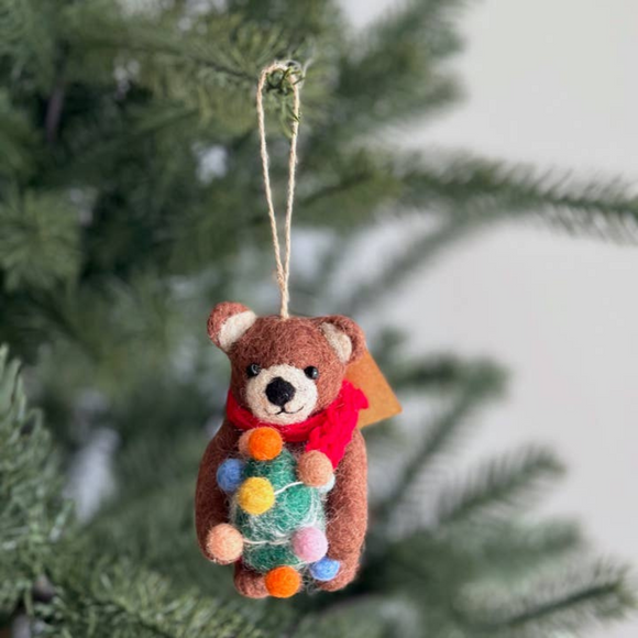 Deer Harbour Design -  Felt Brown Bear Holding Christmas Tree Ornament