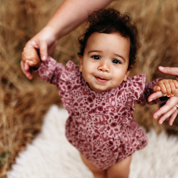 Flutter Long Sleeve Romper - Fox Floral Dusty Rose