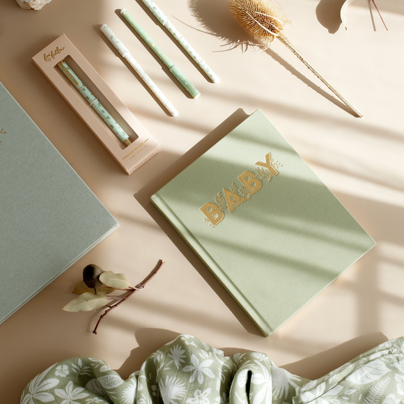 Fox & Fallow - Gold-Foil Linen Baby Book with Box - Pistachio