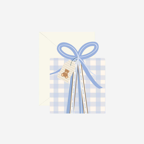 Ginger P. Designs - Blue Gingham Baby Gift Die-Cut Greeting Card