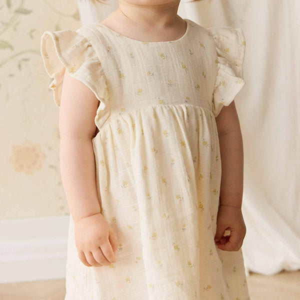 organic cotton muslin brielle dress - vintage ditsy Ditsy Floral Ruffle Cross Back Flare Baby Dress+Bloomer (Organic Muslin) Light Tan / 3-6M