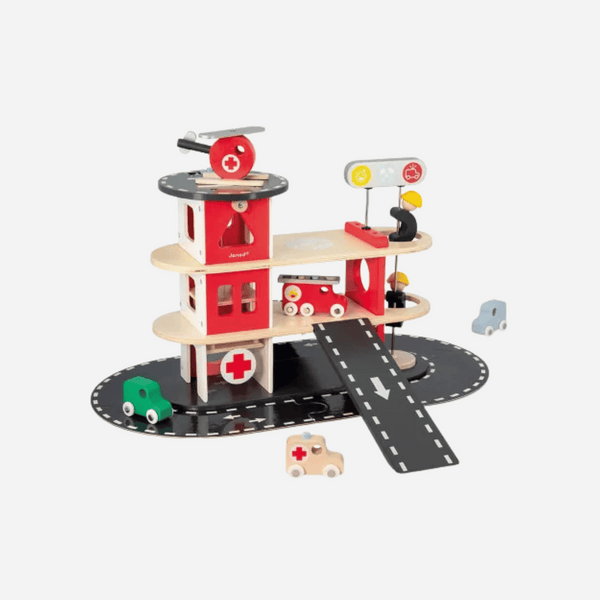 Janod - Wooden Fire Station - 5 Vehicles Included