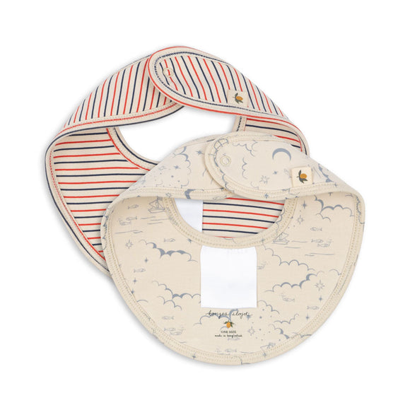 Two baby bibs with different patterns on a white background