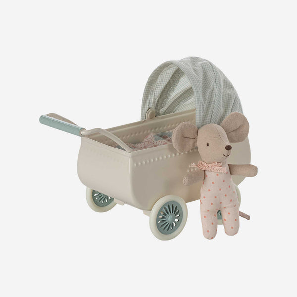 Maileg - Pram with Baby Mouse - Mint