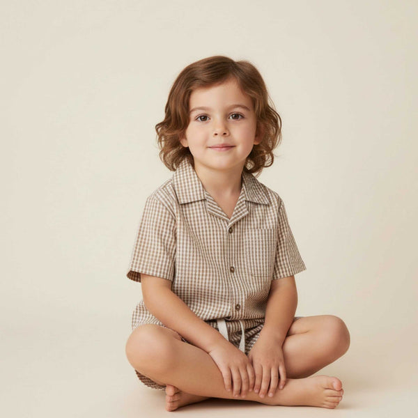 Makemake Organics - Organic Shirt & Shorts Set - Caramel Check