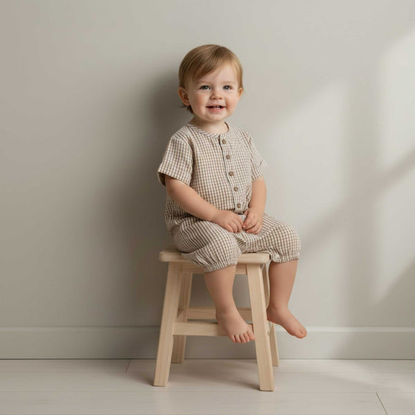 Makemake Organics - Organic Short Bubble Romper - Caramel Check