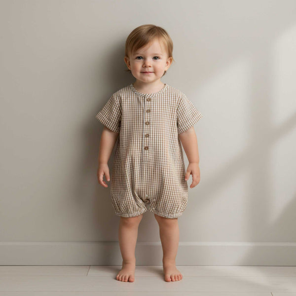 Makemake Organics - Organic Short Bubble Romper - Caramel Check