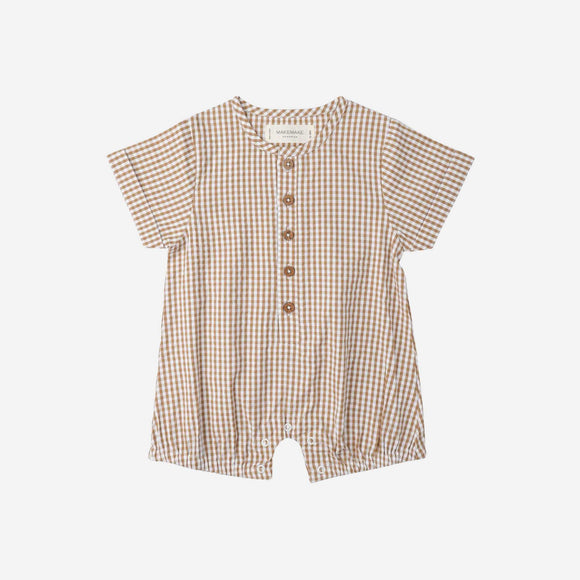 Makemake Organics - Organic Short Bubble Romper - Caramel Check