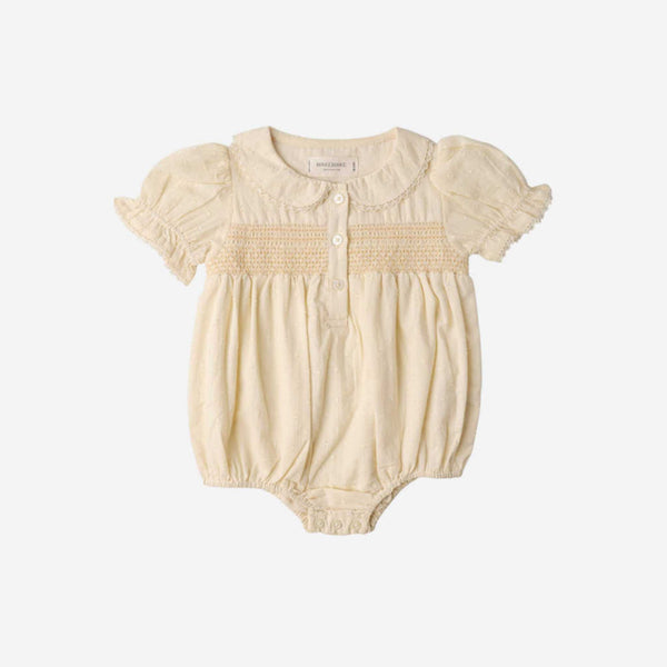 Makemake Organics - Organic Smocked Button Romper - Butter Yellow