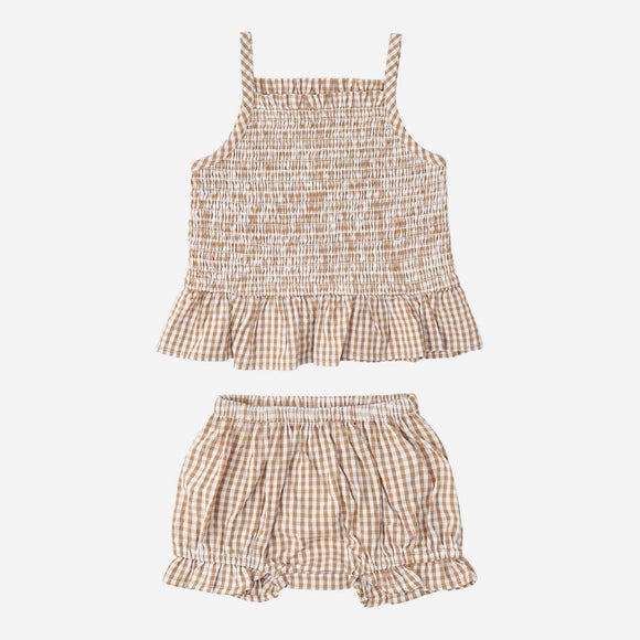 Makemake Organics - Organic Smocked Top and Bloomer Set - Caramel Check