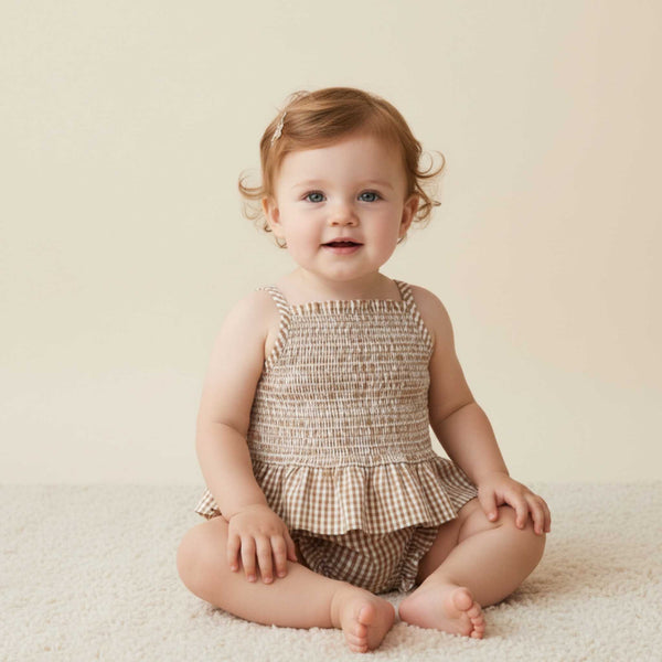 Makemake Organics - Organic Smocked Top and Bloomer Set - Caramel Check
