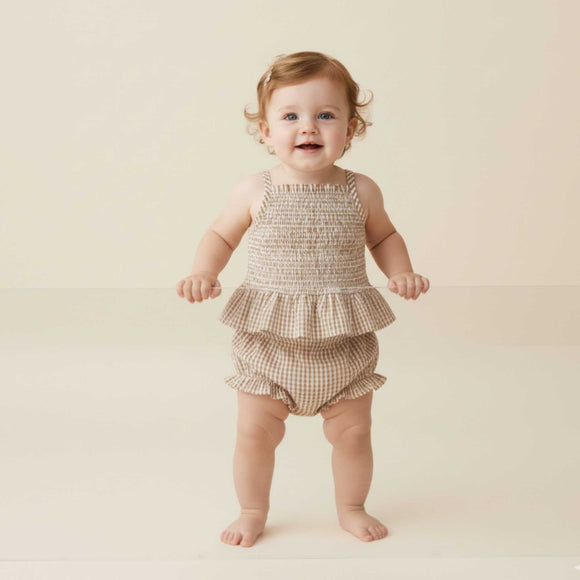 Makemake Organics - Organic Smocked Top and Bloomer Set - Caramel Check