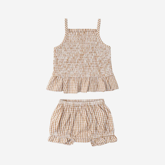 Makemake Organics - Organic Smocked Top and Bloomer Set - Caramel Check