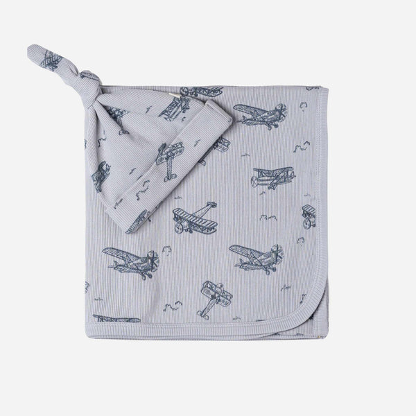 Makemake Organics - Organic Swaddle Blanket & Hat Set - Airplanes