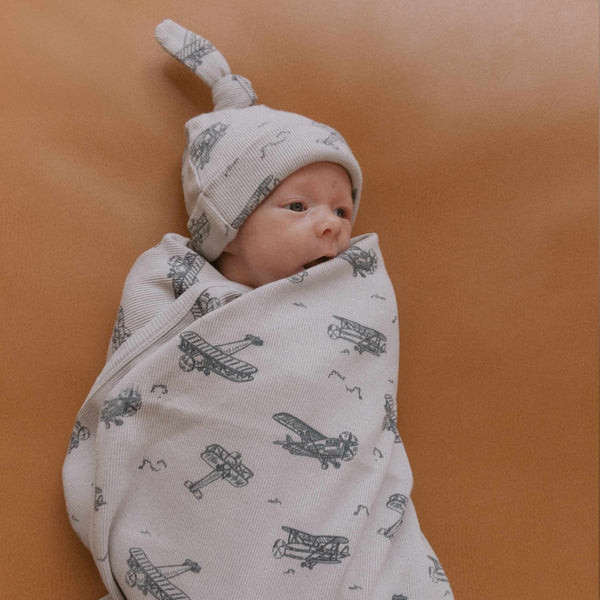 Makemake Organics - Organic Swaddle Blanket & Hat Set - Airplanes