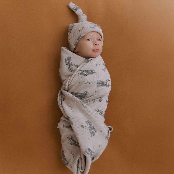 Makemake Organics - Organic Swaddle Blanket & Hat Set - Airplanes