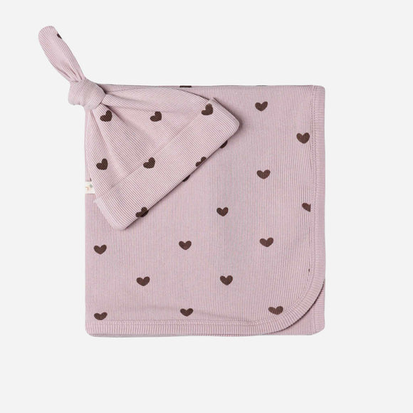 Makemake Organics - Organic Swaddle Blanket & Hat Set - Hearts