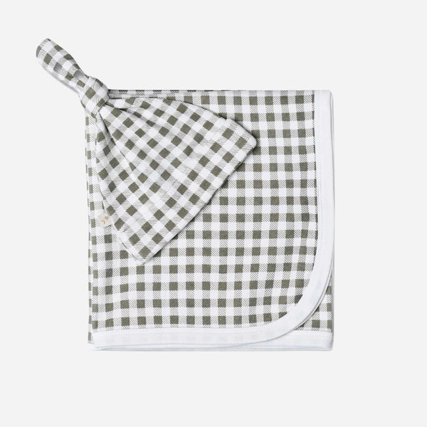 Makemake Organics - Organic Swaddle Blanket & Hat Set - Olive Gingham