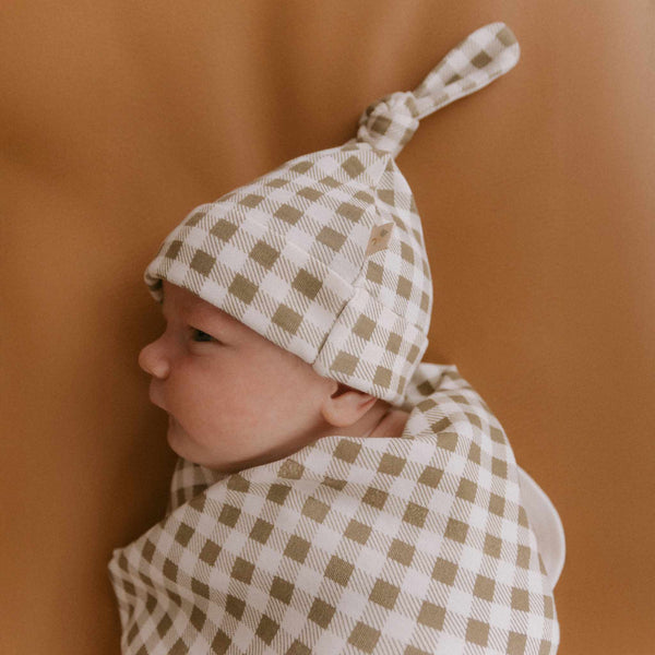 Makemake Organics - Organic Swaddle Blanket & Hat Set - Olive Gingham