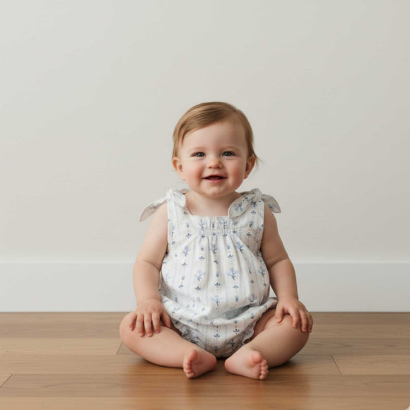 Makemake Organics - Organic Tie Shoulder Bubble Romper - Blue Vines