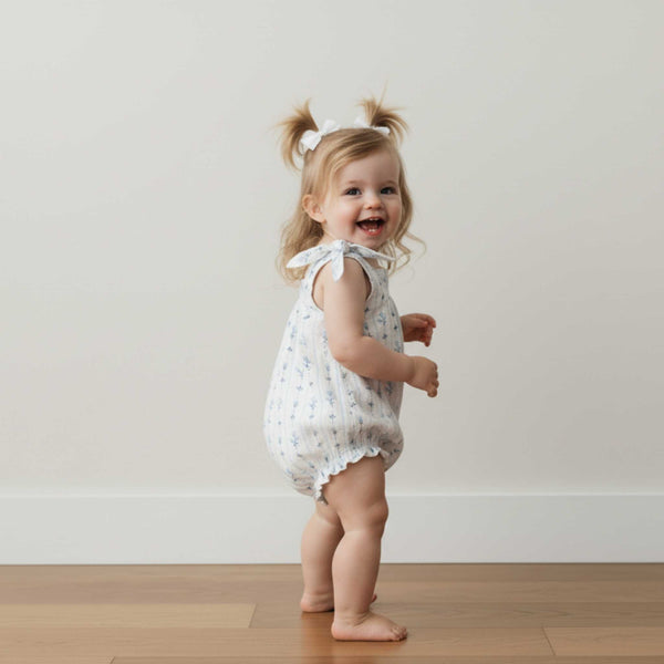 Makemake Organics - Organic Tie Shoulder Bubble Romper - Blue Vines